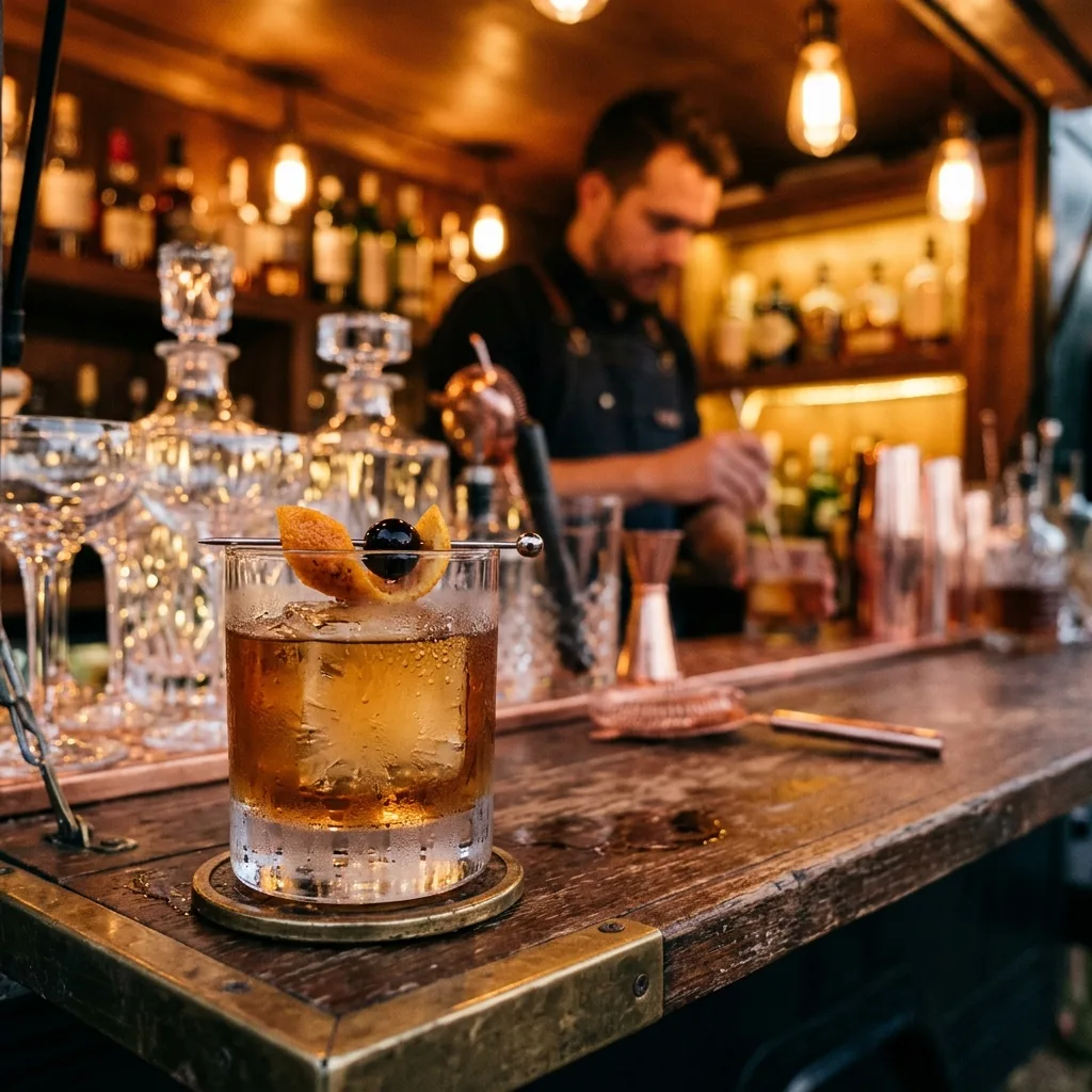 Aurum mobile bar service station with curated glassware and cocktail setup