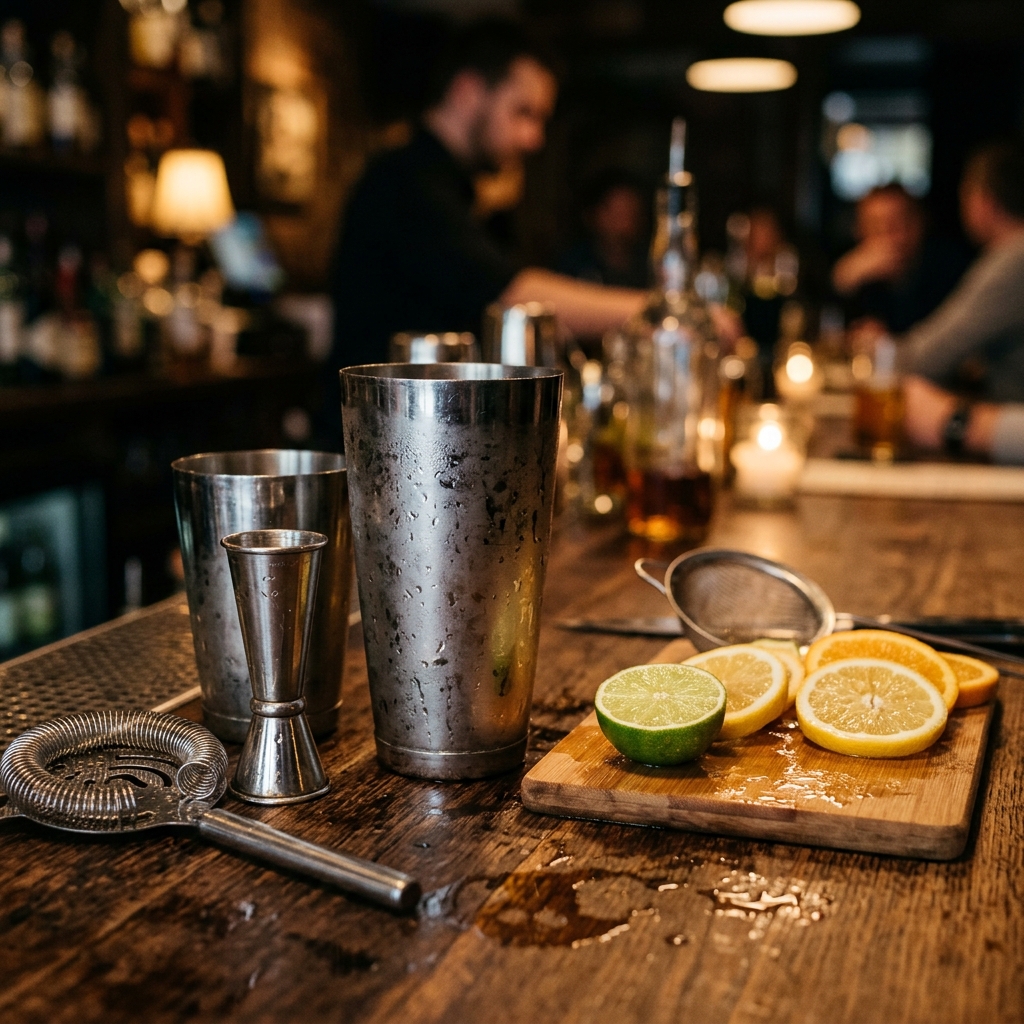 Complete portable bar setup equipment, mixology tools, and glassware