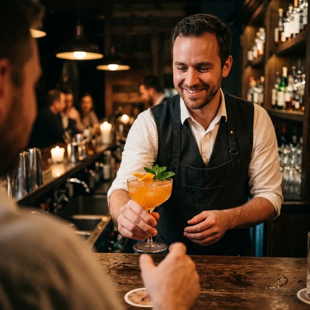 Professional bartender preparing signature drinks at event mobile bar
